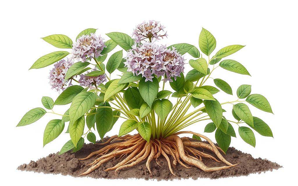 A detailed botanical illustration of Astragalus membranaceus, a perennial herb native to China. The plant features lush, verdant foliage with compound leaves and delicate, pale purple flowers arranged in dense clusters. The roots, the prized medicinal part, are prominently displayed, their long, tuberous structure emerging from the soil. The composition is set against a clean, neutral background, allowing the plant's intricate details to take center stage. The lighting is soft and diffused, highlighting the plant's natural textures and colors. The image conveys the medicinal herb's potent healing properties, as revered in traditional Chinese medicine.