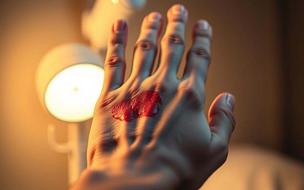 A detailed close-up of a human hand experiencing the side effects of light therapy, such as redness, irritation, or skin discoloration. The hand is in the foreground, occupying a significant portion of the frame, with a soft, blurred background that suggests a medical or clinical setting. The lighting is warm and diffuse, creating a sense of vulnerability and concern. The angle is slightly tilted, drawing the viewer's attention to the affected area of the skin. The overall mood is one of unease and apprehension, highlighting the potential risks and drawbacks associated with light-based cancer treatments. A detailed close-up of a human hand experiencing the side effects of light therapy, such as redness, irritation, or skin discoloration. The hand is in the foreground, occupying a significant portion of the frame, with a soft, blurred background that suggests a medical or clinical setting. The lighting is warm and diffuse, creating a sense of vulnerability and concern. The angle is slightly tilted, drawing the viewer's attention to the affected area of the skin. The overall mood is one of unease and apprehension, highlighting the potential risks and drawbacks associated with light-based cancer treatments.
