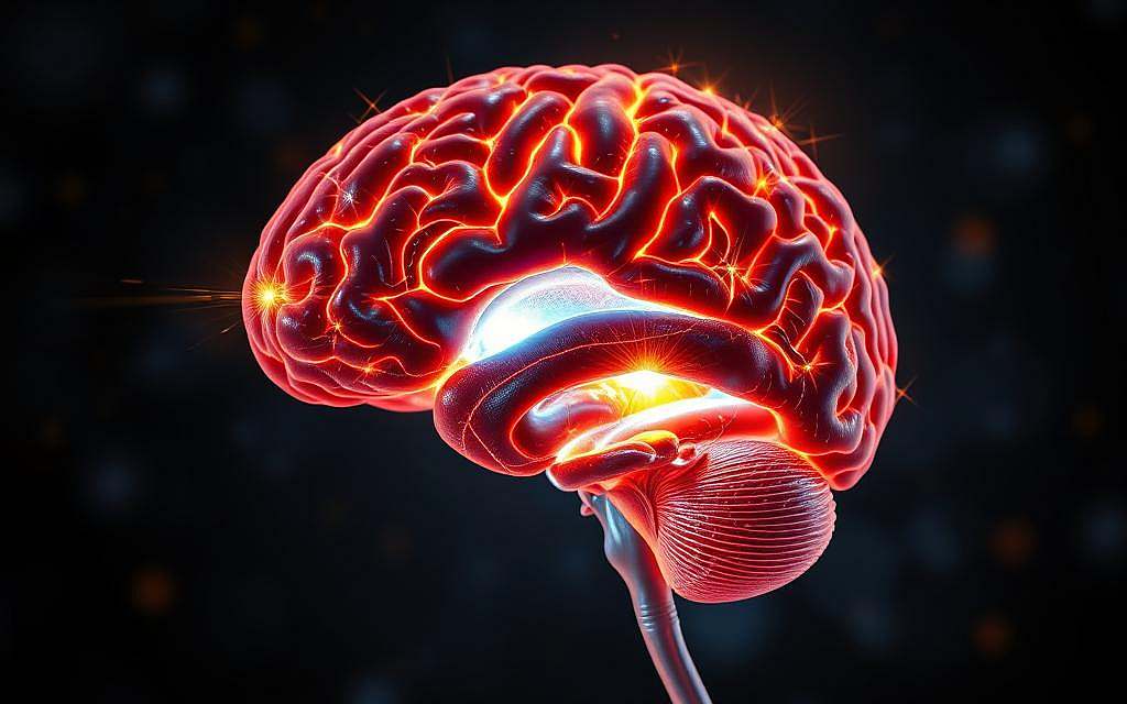 A detailed cross-section of the human brain, illuminated from within, revealing the dynamic neural activity during the act of laughter. The frontal and temporal lobes light up with vibrant, pulsing patterns, while the limbic system, the emotional center, glows with warm, joyful radiance. Surrounding this neural spectacle, a serene, ethereal backdrop hints at the deeper connection between mind and body, cognition and emotion. Captured through a high-resolution, scientific lens, the image conveys the profound neurological underpinnings of this profoundly human experience.