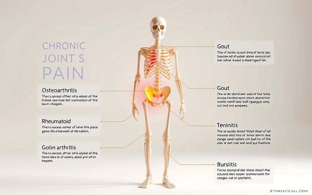 A detailed illustration of the underlying causes and risk factors for chronic joint pain. A human skeleton model in a neutral pose, with highlighted and annotated areas showing various joint-related conditions and degenerative changes, such as osteoarthritis, rheumatoid arthritis, gout, tendinitis, and bursitis. The skeletal structure is set against a clean, minimalist background with subtle anatomical diagrams and information panels providing explanations of each condition. Soft, diffused lighting creates depth and emphasizes the detailed anatomy. The overall mood is educational and informative, suitable for a medical or healthcare publication.