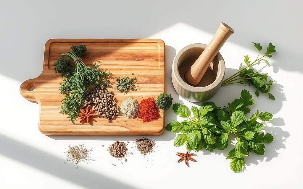 A detailed illustration of various preparation methods for secondary plant compounds. A clean, minimalist background with a central focus on a cutting board, mortar and pestle, and a selection of fresh herbs and spices. Soft, natural lighting illuminates the scene, casting subtle shadows and highlighting the textures of the ingredients. The composition emphasizes the simplicity and effectiveness of traditional preparation techniques for unlocking the amazing properties of these potent plant-based compounds.