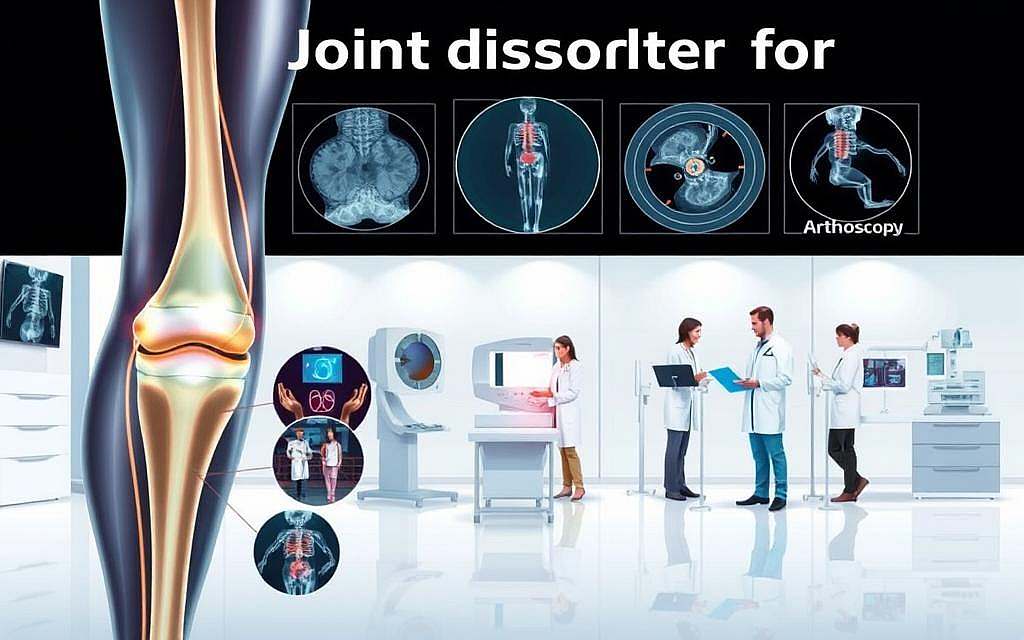 A detailed medical illustration showcasing various diagnostic procedures for joint disorders. The foreground depicts a close-up view of a human knee joint, with different imaging techniques such as X-ray, MRI, and arthroscopy visually represented around it. The middle ground features medical professionals examining test results and discussing treatment options. The background offers a clinical setting with modern medical equipment and a serene, neutral color palette to convey a sense of professionalism and authority. Soft, directional lighting emphasizes the technical details while maintaining a clean, educational aesthetic suitable for the article's informative context.