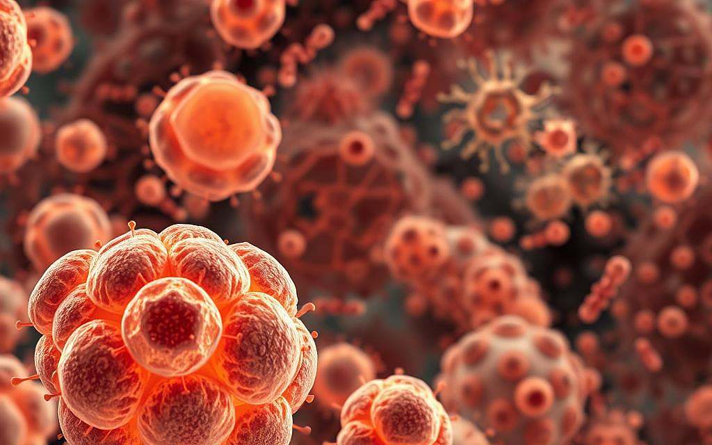 A detailed microscopic view of human cells, revealing the intricate dance of aging and genetic processes. The foreground showcases a cluster of senescent cells, their nuclei displaying distinct chromatin reorganization and DNA damage foci. In the middle ground, dividing cells exhibit complex mitotic spindles and chromosomal segregation, highlighting the genetic mechanisms that govern cell life cycles. The background depicts a vibrant network of cellular organelles, mitochondria, and signaling pathways, hinting at the broader biological context of longevity and cellular resilience. The image is rendered with high-resolution, realistic detail and balanced, warm lighting to convey the scientific elegance and sophistication of this field of research.
