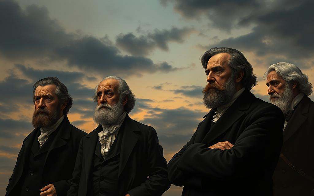A detailed, pensive illustration of the philosophical critiques and contradictions within the Enlightenment era in Weimar, Germany. Set against a muted, dusky sky, a group of distinguished thinkers - Herder, Wieland, Goethe, and Schiller - stand in contemplative poses, engaged in deep discourse. Their expressions convey a sense of intellectual rigor and nuanced reflection on the limits and tensions of the Enlightenment worldview. The composition features an interplay of chiaroscuro lighting, casting dramatic shadows and highlighting the philosopher's faces in a moody, introspective manner. The scene is rendered with a classical, painterly aesthetic, capturing the weight and gravity of the critical examination of this pivotal philosophical movement.