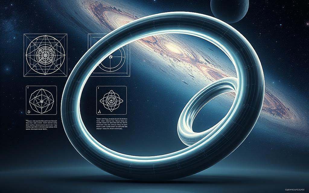 A detailed scientific illustration of the torus, a fundamental geometric shape found throughout the universe and in the flow of life energy. Rendered with precision and technical accuracy, the torus is depicted in the foreground, bathed in cool, neutral lighting that accentuates its elegant curves and nested rings. The middle ground features cutaway diagrams revealing the torus's internal structures and mathematical properties, while the background depicts a vast, cosmic backdrop of swirling nebulae and distant galaxies, hinting at the torus's profound connections to the nature of the universe. The overall tone is one of scientific inquiry and wonder, inviting the viewer to explore the hidden physics and profound significance of this enigmatic form.