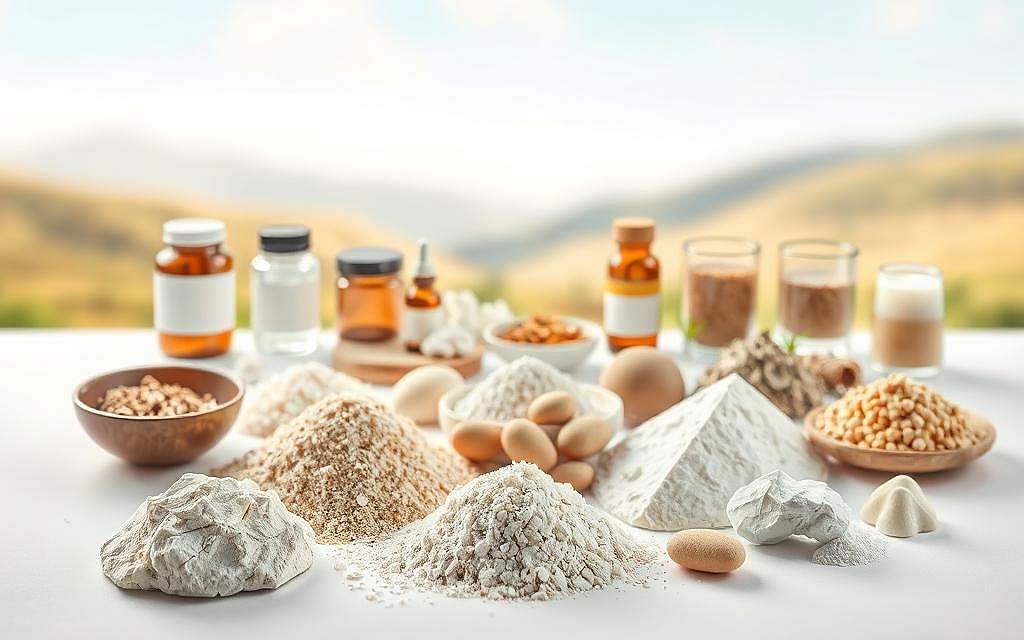 A detailed, well-lit illustration of various mineral earths and their applications. In the foreground, a selection of mineral earths such as bentonite, zeolite, and diatomaceous earth, arranged neatly on a clean, white surface. The middle ground shows a range of everyday products and applications, including supplements, personal care items, and soil amendments, all incorporating these natural minerals. The background features a soft, blurred landscape suggesting the natural origins of these materials. The overall mood is one of health, purity, and the harmonious integration of natural resources into modern life.