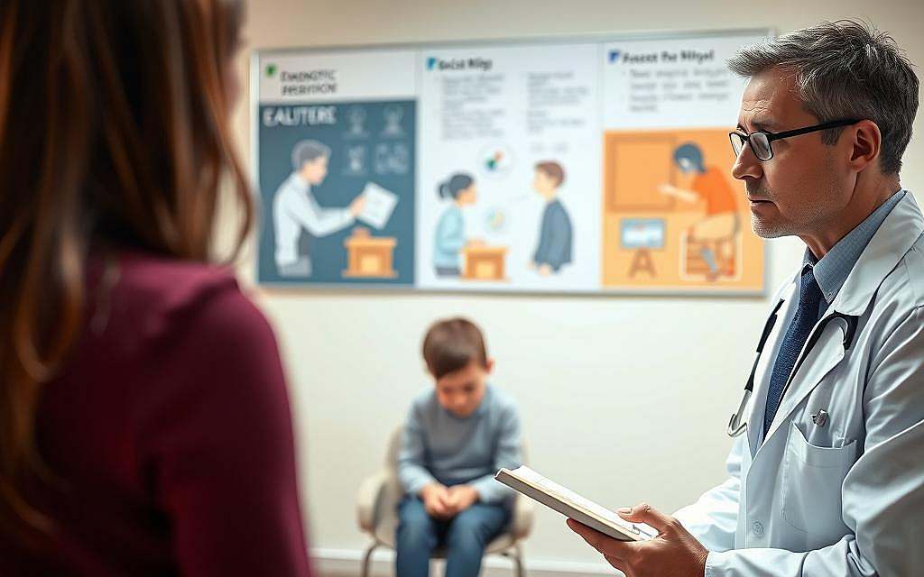 A diagnostic assessment for autism, with a clinician evaluating a patient through various methods. In the foreground, a doctor in a white coat observes the patient, taking notes. The middle ground shows the patient engaged in tasks and activities designed to evaluate their communication, social skills, and cognitive abilities. The background depicts a warm, welcoming clinical setting with calming colors and soft lighting. The scene conveys a professional, empathetic approach to the diagnostic process, capturing the nuanced and comprehensive nature of evaluating autism spectrum disorder.