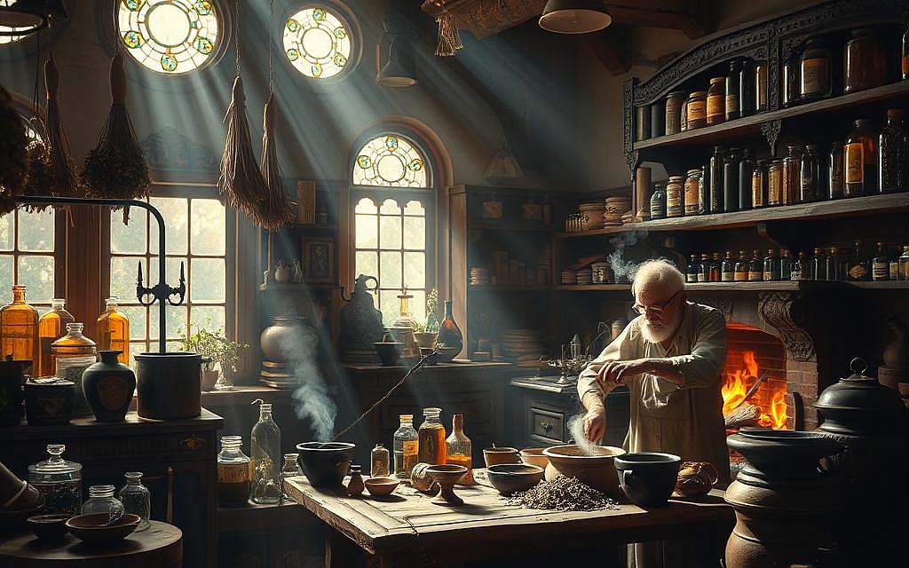 A dimly lit apothecary's workshop, filled with an array of vintage glass jars, ceramic bowls, and ancient tomes. Sunlight filters through stained-glass windows, casting a warm, mystical glow. In the foreground, a wizened herbalist grinds fragrant herbs on a worn wooden table, surrounded by hanging bundles of dried plants and a bubbling glass retort. The middle ground reveals shelves lined with mysterious elixirs and tinctures, while the background hints at a cozy, old-world atmosphere, with a crackling fireplace and the faint silhouettes of alchemical equipment. The scene evokes a sense of timelessness and the deep, rich traditions of natural healing.