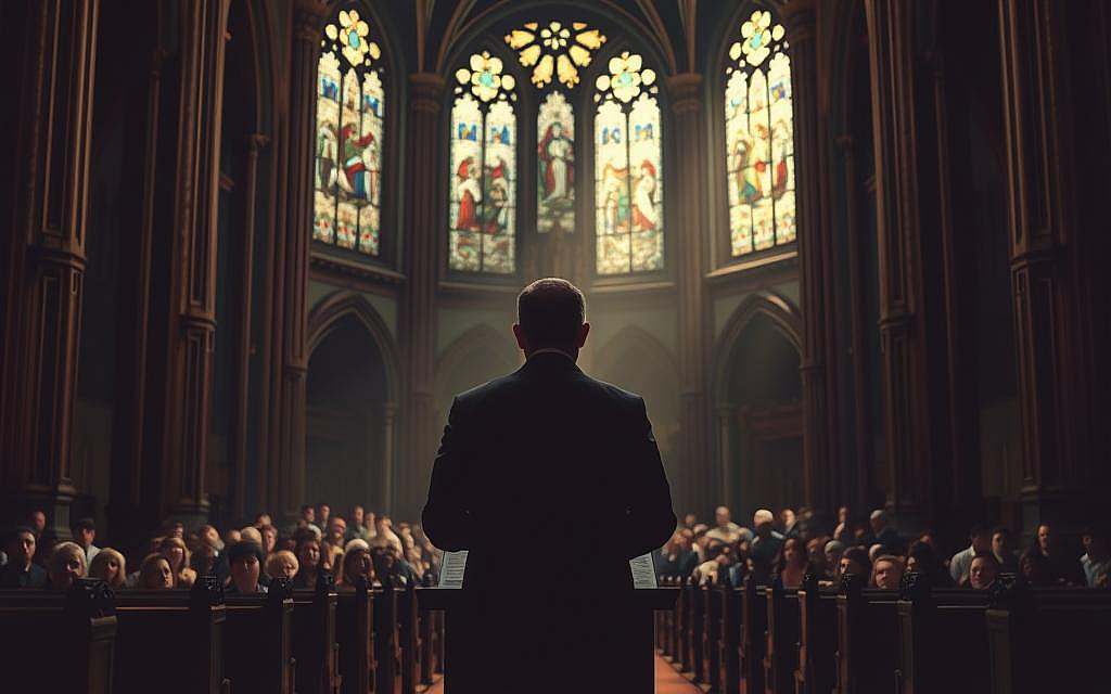A dimly lit cathedral interior, with stained glass windows casting muted hues upon the ornate pews. In the foreground, a figure stands at a lectern, their face obscured by deep shadows, as they grapple with the cognitive dissonance between their religious beliefs and the harsh realities of the world. The middle ground is filled with a congregation, their expressions ranging from confusion to deep contemplation. In the background, the vaulted ceilings and towering columns lend an air of solemnity and grandeur, yet also a sense of confinement and constraint. The lighting is dramatic, with pools of light and shadow creating a chiaroscuro effect, evoking the internal struggles of the individual and the collective. The overall atmosphere is one of unease, as the sacred space becomes a battleground for the clash between faith and reason.