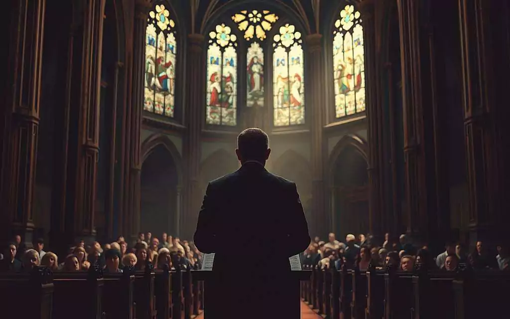 A dimly lit cathedral interior, with stained glass windows casting muted hues upon the ornate pews. In the foreground, a figure stands at a lectern, their face obscured by deep shadows, as they grapple with the cognitive dissonance between their religious beliefs and the harsh realities of the world. The middle ground is filled with a congregation, their expressions ranging from confusion to deep contemplation. In the background, the vaulted ceilings and towering columns lend an air of solemnity and grandeur, yet also a sense of confinement and constraint. The lighting is dramatic, with pools of light and shadow creating a chiaroscuro effect, evoking the internal struggles of the individual and the collective. The overall atmosphere is one of unease, as the sacred space becomes a battleground for the clash between faith and reason.
