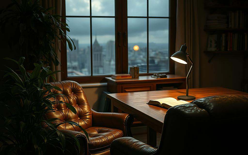 A dimly lit existential study, with a weathered leather armchair and a lush, overgrown indoor plant in the foreground. In the middle ground, a large wooden desk holds an open book, its pages illuminated by a single desk lamp, casting a warm glow. The background features a window overlooking a cloudy, introspective cityscape, hinting at the contemplative nature of philosophical inquiry into the human condition and the role of emotion. A dimly lit existential study, with a weathered leather armchair and a lush, overgrown indoor plant in the foreground. In the middle ground, a large wooden desk holds an open book, its pages illuminated by a single desk lamp, casting a warm glow. The background features a window overlooking a cloudy, introspective cityscape, hinting at the contemplative nature of philosophical inquiry into the human condition and the role of emotion.