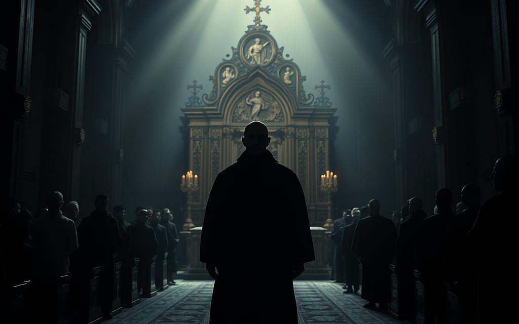 A dimly lit interior, a ornate religious altar at the center, adorned with symbols of faith. In the foreground, a lone figure stands, robed in austere garments, their face obscured by shadow. The atmosphere is heavy, oppressive, as if the weight of dogma and zealotry permeates the space. Harsh, dramatic lighting casts stark contrasts, creating a sense of unease and tension. In the background, the faint outlines of other worshippers, their bodies rigid, their expressions unreadable. This is a scene of religious fundamentalism, where the pursuit of purity and righteousness has overshadowed compassion and reason.
