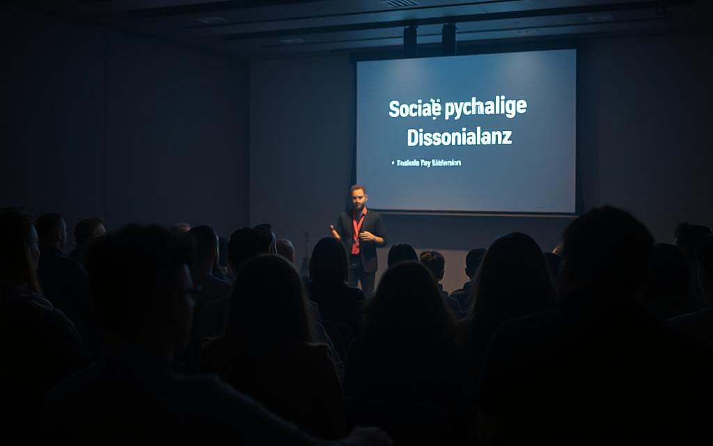 A dimly lit lecture hall, the air thick with contemplation. In the foreground, a group of students sit in rapt attention, their faces illuminated by the soft glow of a projected presentation. The topic, "Soziale Psychologie und Dissonanz," is displayed on a screen, casting a subtle shadow across the room. In the middle ground, a professor stands before the class, their hands gesturing animatedly as they explain the intricacies of cognitive dissonance. The tension in the room is palpable, as the students grapple with the disconnect between their beliefs and the realities they confront. The background is shrouded in a hazy, introspective mood, with muted colors and a sense of depth that draws the viewer into the contemplative atmosphere. The lighting is warm and focused, creating a sense of intimacy and intellectual engagement.