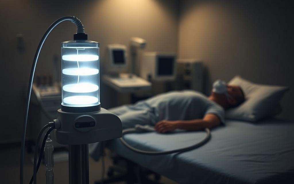A dimly lit medical clinic, with a patient reclining on a treatment bed. In the foreground, a state-of-the-art oxygen therapy device emits a soft, soothing glow, its hoses connected to the patient's face mask. The middle ground features medical equipment and supplies, hinting at the specialized nature of the treatment. The background is blurred, but suggests a calm, professional atmosphere, with subtle lighting that casts a warm, healing ambiance. The scene conveys a sense of care and attention to the patient's neurological condition, with the oxygen therapy as the focal point of the healing process.