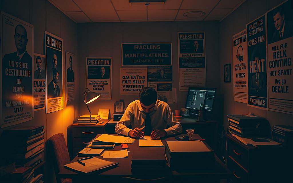 A dimly lit office space, the walls adorned with propaganda-like posters and manipulative slogans. In the center, a figure sits at a desk, their face obscured by shadows, meticulously crafting their next linguistic ploy. The room is bathed in a warm, amber glow, creating an atmosphere of unease and subtle coercion. The desk is cluttered with papers, pens, and a computer monitor displaying coded algorithms, hinting at the calculated nature of the manipulation at hand. The overall scene conveys a sense of insidious control, where language is wielded as a powerful tool to shape and mold the unsuspecting public's thoughts and beliefs.