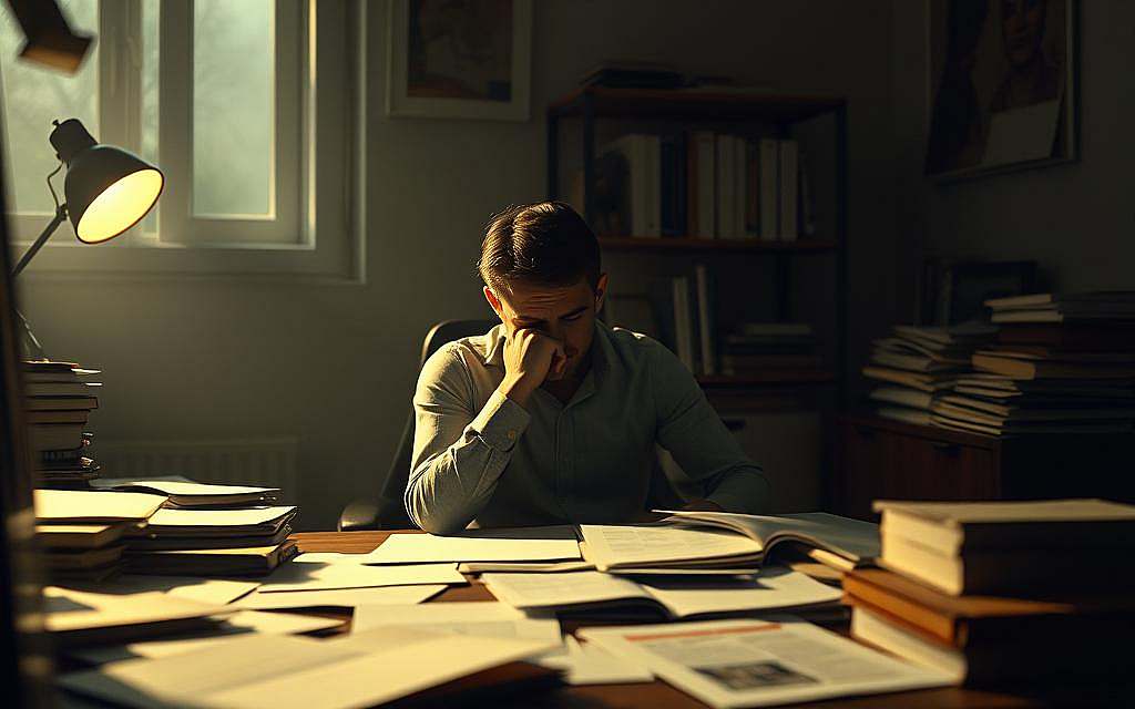A dimly lit office space, with a pensive figure seated at a cluttered desk, surrounded by scattered papers and books. Soft, warm lighting creates a contemplative atmosphere, casting subtle shadows that suggest the mental gymnastics of "Strategien zur Dissonanzreduktion". The figure appears deep in thought, their face partially obscured, conveying the internal struggle of reconciling conflicting beliefs and experiences. The background is hazy, out of focus, emphasizing the introspective nature of the scene. The camera angle is slightly elevated, creating a sense of distance and observation, as if the viewer is privy to a private moment of cognitive dissonance.