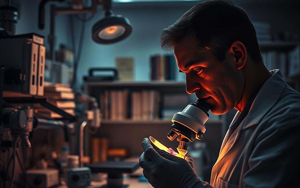 A dimly lit research laboratory, with an array of high-tech medical equipment and scientific instruments. In the foreground, a pathologist examines a tissue sample under a microscope, their brow furrowed in concentration. The background features a wall of medical journals, reference books, and research notes, hinting at the challenges and complexities of pathological research. The lighting is a mix of warm and cool tones, creating an atmosphere of intense focus and intellectual inquiry. The scene conveys the weight of responsibility and the pursuit of uncharted frontiers in the field of pathology.