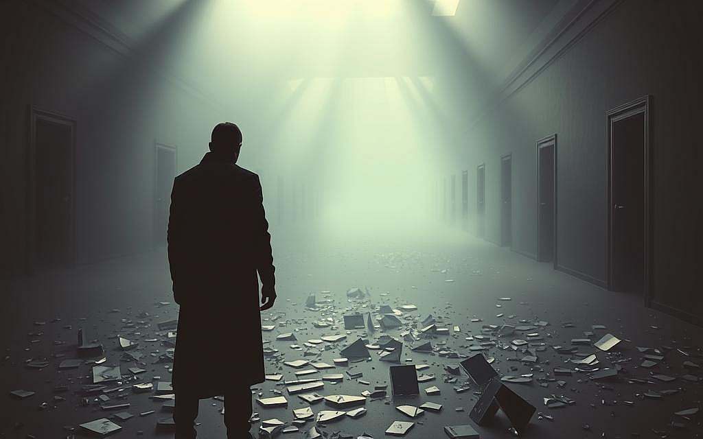 A dimly lit room, filled with a sense of unease and cognitive dissonance. In the foreground, a figure stands, their face obscured, grappling with the clash between their beliefs and the stark reality before them. Shards of broken mirrors litter the floor, reflecting fragmented images and distorted perspectives. The middle ground is shrouded in a hazy, dreamlike atmosphere, hinting at the internal struggle and the blurring of truth and perception. In the background, a maze of interconnected pathways and doorways symbolize the complex political and social implications of this dissonance, inviting the viewer to explore the hidden depths and consequences.