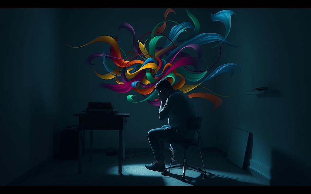 A dimly lit room with a desk and chair, a person sitting hunched over, deep in thought, surrounded by a swirl of colorful and abstract shapes representing the complex web of psychosocial factors that influence the onset and progression of illness. The lighting is soft and moody, with shadows casting a pensive atmosphere. The composition emphasizes the isolation and introspection of the individual, while the vibrant, fluid shapes in the background symbolize the interplay of emotional, social, and psychological elements that contribute to the disease process. The overall impression conveys the profound impact of psychosocial factors on health and well-being.