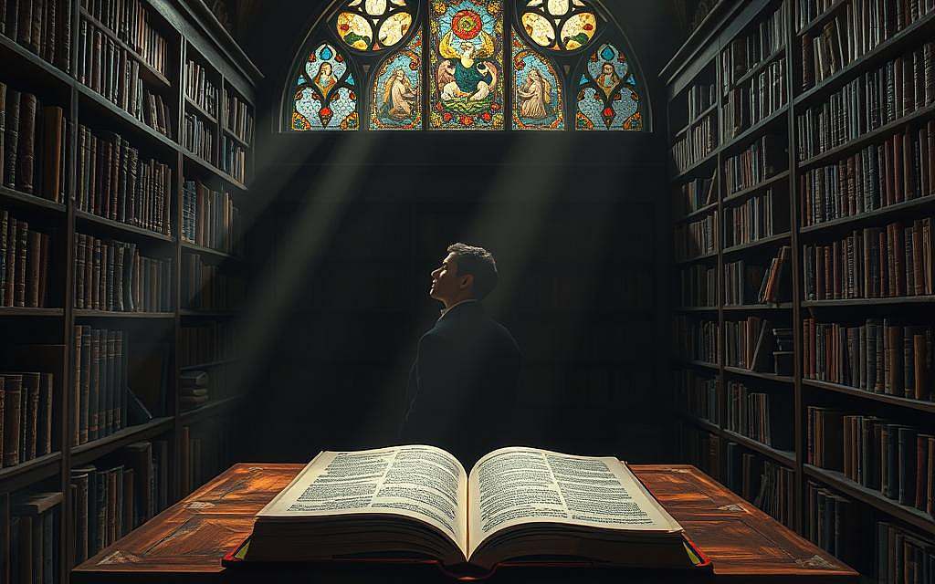 A dimly lit study, bookshelves lining the walls, casting an aura of contemplation. In the center, a wooden desk holds an open book, its pages filled with intricate webs of words and ideas. Streams of light filter through stained glass windows, illuminating the swirling currents of thought. Above, a pensive figure gazes out, lost in the interplay of discourse and narrative, shaping the very fabric of reality. The atmosphere is one of intellectual curiosity, a sanctuary where language is the conduit to understanding the world and the self.