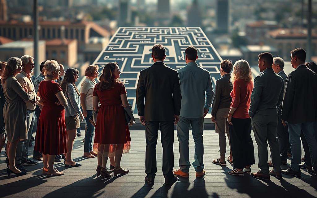 A diverse group of people from different cultural backgrounds, representing the barriers and divides that can exist within society. In the foreground, figures of varying ages, ethnicities, and physical abilities stand apart, unable to communicate effectively. The middle ground depicts a maze-like structure of abstract linguistic symbols, symbolizing the complexities of language and the challenges of cross-cultural understanding. In the background, a blurred cityscape suggests the broader societal implications of these communication breakdowns. Dramatic lighting casts long shadows, creating a sense of isolation and tension. The scene is rendered in a realistic, photographic style, emphasizing the gravity and human impact of the "Sprachbarrieren" on display.