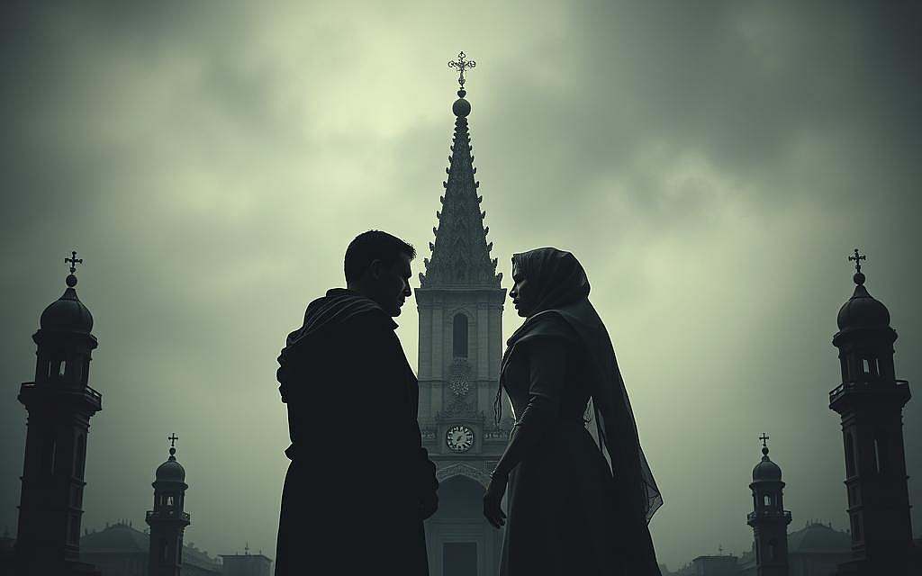 A dramatic clash of cultural and religious forces, set against a somber backdrop. In the foreground, two figures - one male, one female - locked in a tense standoff, their body language conveying a deep, unresolved conflict. Subtle lighting casts dramatic shadows, heightening the sense of tension and unease. In the middle ground, a towering religious structure, its ornate architecture and symbolism hinting at the complex interplay of faith, tradition, and gender dynamics. The background is shrouded in a hazy, atmospheric mist, suggesting the depth and intractability of the social and cultural forces at play. The overall mood is one of brooding contemplation, inviting the viewer to ponder the intricate relationship between gender, religion, and the challenges of modern society.