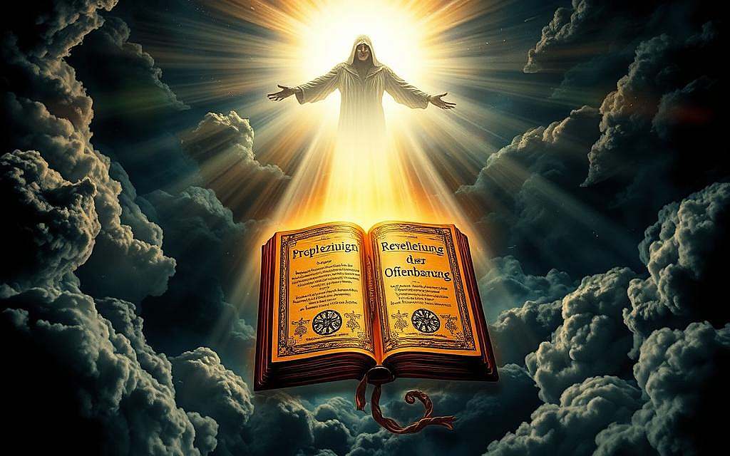 A dramatic heavenly scene with the biblical Book of Revelation as its focal point. In the center, an ornate, ancient tome with a glowing title "Prophezeiungen der Offenbarung" hovers amidst swirling celestial energy. Rays of divine light emanate from the book, illuminating a dark, stormy sky filled with ominous clouds and ominous symbols. In the background, a looming, shadowy figure representing the Antichrist emerges from the gloom, contrasting with the holy light of the prophecies. The overall atmosphere is one of foreboding and the weight of prophetic revelation, reflecting the gravity and timelessness of the Apocalyptic texts. Dramatic lighting, high contrast, and a sense of mysticism and grand scale.