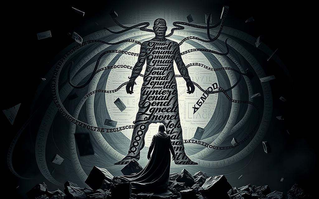 A dramatic, high-contrast image depicting the interplay of language and power. In the foreground, a towering figure made of flowing script and typography looms over a smaller, fragmented figure, symbolizing the dominance of language in shaping consciousness. The background is a swirling vortex of disembodied words and phrases, representing the ever-shifting landscape of communication and discourse. The lighting is dramatic, with strong directional shadows casting an ominous mood. The composition is asymmetrical, creating a sense of unease and tension. The color palette is muted, with shades of grey, black, and metallic accents, conveying the serious, academic nature of the subject matter.