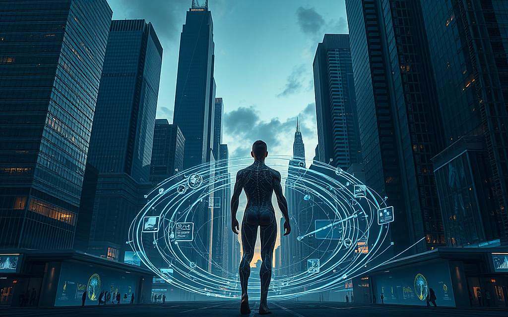 A dystopian cityscape at dusk, with towering skyscrapers of gleaming chrome and glass. In the foreground, a lone figure stands amidst a swirling vortex of data streams and holographic interfaces, contemplating the ethical dilemmas of transhumanism. The figure's body is a fusion of organic and synthetic elements, hinting at the blurred boundaries between humanity and technology. The atmosphere is one of unease and uncertainty, as the viewer is forced to confront the complex moral quandaries posed by the advancement of human enhancement. Dramatic lighting casts long shadows, creating a sense of foreboding and the weight of difficult decisions. A neutral, cinematic camera angle invites the viewer to ponder the implications of this technological frontier.