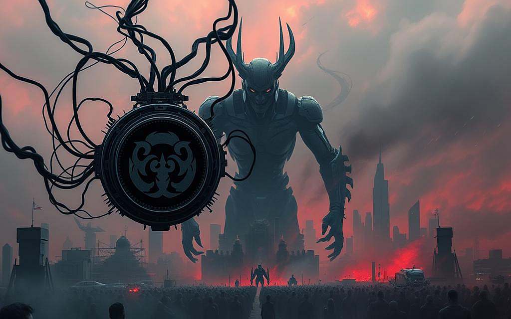 A dystopian scene of the "Mark of the Beast" from the Book of Revelation. In the foreground, a sinister technological device emblazoned with a menacing symbol hovers ominously. Swirling tendrils of dark energy emanate from it, enveloping the viewer. In the middle ground, a faceless, mechanized figure imposes its will, looming over a cowering populace. The background depicts a bleak, technocratic cityscape, its towers reaching up towards an ominous, blood-red sky. Ominous and foreboding, the image conveys the sense of a world fallen under the sway of a nefarious, transhuman power.