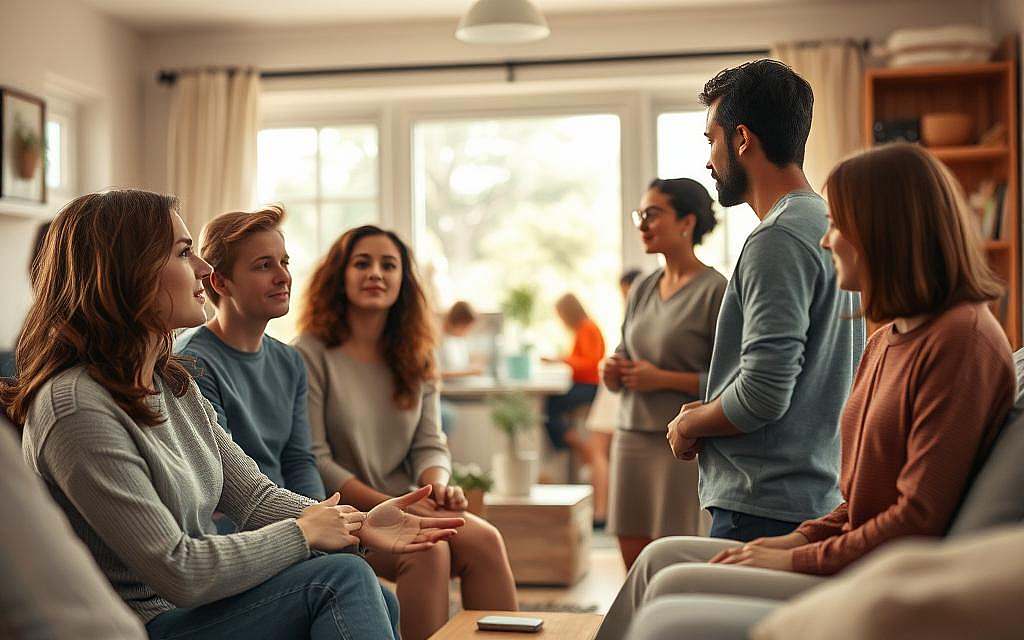 A finely detailed, soft-focus scene depicting the interplay of gender roles and their influence on interpersonal relationships. The foreground features a group of people of diverse gender identities engaged in thoughtful conversation, their body language and facial expressions conveying a sense of openness and understanding. The middle ground showcases a variety of everyday activities, such as household chores and leisure pursuits, performed by individuals of all genders in a harmonious, collaborative manner. The background presents a warm, inviting domestic setting, with natural lighting filtering through large windows, creating a contemplative, introspective atmosphere. The overall composition aims to convey the nuanced, multifaceted nature of gender roles and their impact on human connections.