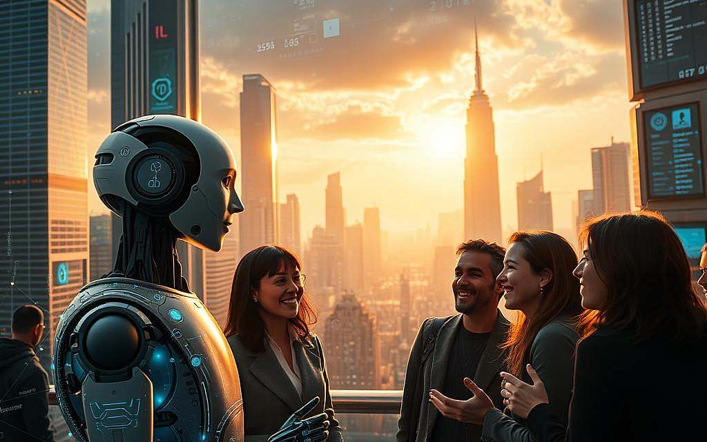 A futuristic cityscape with towering skyscrapers and holographic displays, bathed in a warm, golden light. In the foreground, a humanoid AI assistant engages in a lively conversation with a diverse group of people, their expressions animated and their gestures expressive. The background is a kaleidoscope of digital interfaces, data streams, and emerging technologies, hinting at the rapid evolution of language and communication in the age of artificial intelligence. The scene conveys a sense of optimism and wonder, as humanity embraces the transformative potential of this technological revolution.