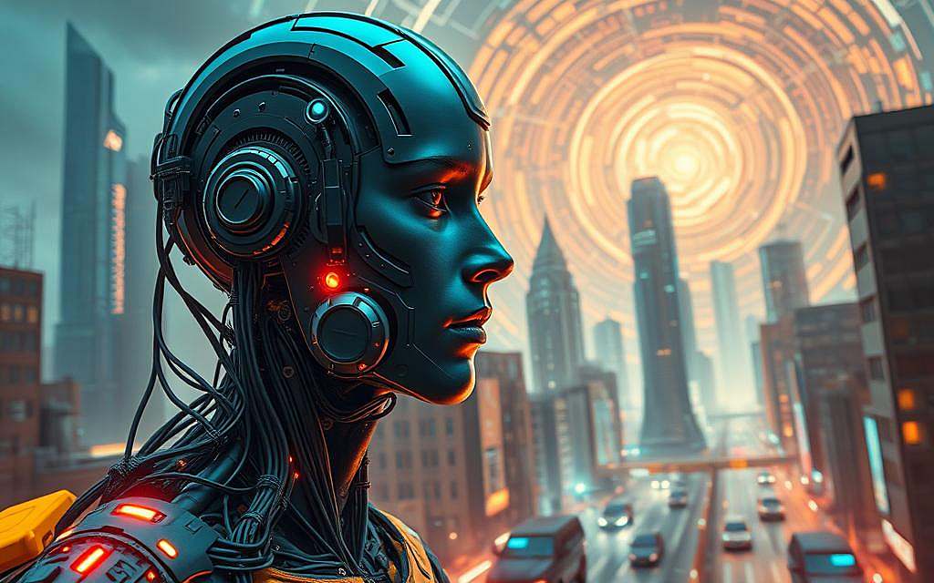 A futuristic, cyberpunk-inspired scene depicting the fusion of human and machine. In the foreground, a humanoid figure with cybernetic enhancements, their face a blend of organic and synthetic features. Intricate circuitry and glowing panels cover their body, giving the impression of a transhuman being. The middle ground showcases a dystopian urban landscape, towering skyscrapers and neon-lit streets, hinting at a technologically advanced yet oppressive society. In the background, a swirling vortex of data streams and digital constructs, symbolizing the blurring of boundaries between the physical and digital realms. The lighting is a combination of cool, electric blues and warm, amber tones, creating an atmospheric and thought-provoking scene. Shot with a wide-angle lens to capture the vastness of the futuristic setting.