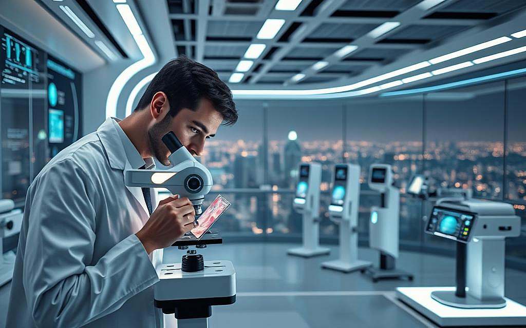 A futuristic laboratory setting, illuminated by the soft glow of holographic displays and medical equipment. In the foreground, a pathologist in a pristine white coat examines a tissue sample under a high-powered microscope, their face cast in a thoughtful expression as they analyze the digital readouts before them. In the middle ground, a series of advanced diagnostic tools and AI-powered analysis systems stand ready, their sleek, minimalist designs suggesting the precision and efficiency of modern pathology. The background reveals a panoramic view of the city beyond, hinting at the integration of these cutting-edge technologies into the broader healthcare ecosystem. The scene conveys a sense of progress, innovation, and the seamless fusion of human expertise and artificial intelligence in the pursuit of improved medical outcomes.