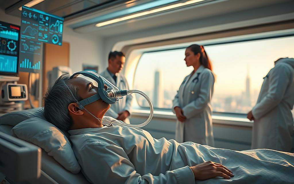 A futuristic medical facility bathed in warm, diffused lighting. In the foreground, a patient reclines comfortably while breathing from an advanced, sleek oxygen mask. Surrounding them, holographic displays and diagnostic instruments provide real-time data analysis. In the middle ground, medical professionals in pristine white coats confer, their expressions contemplative as they review the patient's progress. The background reveals a panoramic window, offering a glimpse of a gleaming, high-tech cityscape - a vision of the future of healthcare, where oxygen therapy is seamlessly integrated with cutting-edge technology to promote wellness and healing.