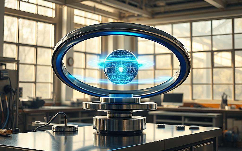 A futuristic torus-shaped device levitates above a sleek, metallic workbench. Shimmering blue energy fields emanate from its core, casting a mesmerizing glow across the scene. Precision instruments and holographic displays surround the device, hinting at its advanced technological capabilities. The torus effortlessly rotates, its hypnotic motion symbolizing the harmonious integration of form and function. Sunlight streams in through large windows, illuminating the space with a sense of tranquility and innovation. This is a glimpse into the practical applications of torus-based technologies, bringing the secrets of the universe and life energy into everyday applications.