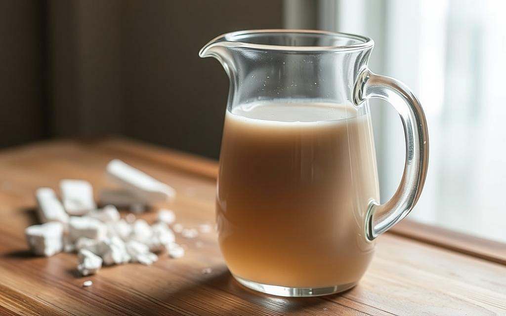 A glass pitcher filled with a cloudy, pale-brown liquid, resting on a wooden table. The liquid is Bentonit Trinkkur, a mineral-rich clay water mixture used for gut health. Soft, diffused natural lighting illuminates the scene, creating a calming, earthy atmosphere. In the background, a handful of raw Bentonit clay chunks are scattered, hinting at the natural origins of the preparation. The composition emphasizes the simplicity and authenticity of this traditional health remedy, inviting the viewer to consider its practical, everyday applications.