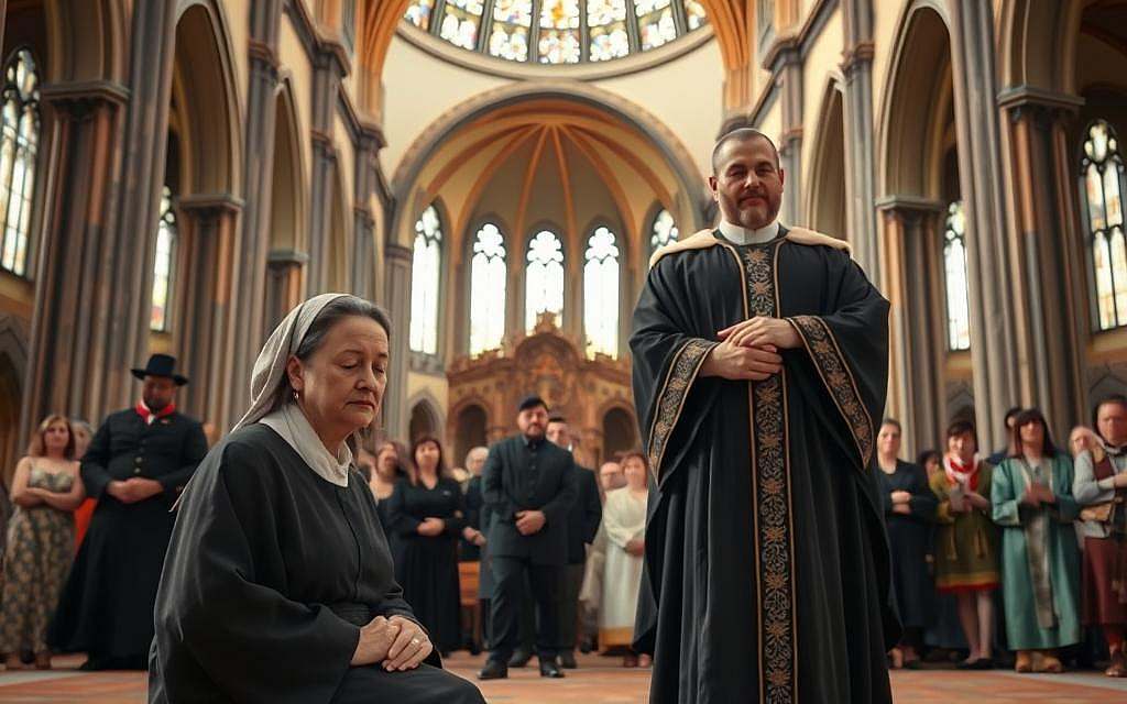 A grand cathedral interior, its arched ceiling and stained glass windows casting a warm, reverent light. In the foreground, a woman in modest religious garb kneels in prayer, her face serene and contemplative. Beside her, a man in ceremonial robes stands tall, his posture conveying a sense of authority and spiritual leadership. In the background, worshippers of diverse genders and ages gather, reflecting the multifaceted nature of the Abrahamic faiths. The scene evokes the complex interplay of gender roles, tradition, and the sacred within these religious traditions.