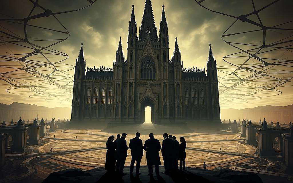 A grand, imposing cathedral-like structure dominates the scene, its ornate architecture and towering spires suggesting ancient power and influence. In the foreground, a group of shadowy figures in formal attire stand in a circle, engaged in a hushed, conspiratorial discussion. The lighting is dramatic, with a chiaroscuro effect casting sharp shadows and highlights across the scene. The atmosphere is one of secrecy, intrigue, and the unseen machinations of those who hold the reins of global power. Surrounding the central structure, a network of interconnected pathways and corridors wind through the landscape, hinting at the vast, complex web of influence and control that extends beyond the immediate focus. This image conveys the sense of a powerful, opaque hierarchy that shapes the world from the shadows.