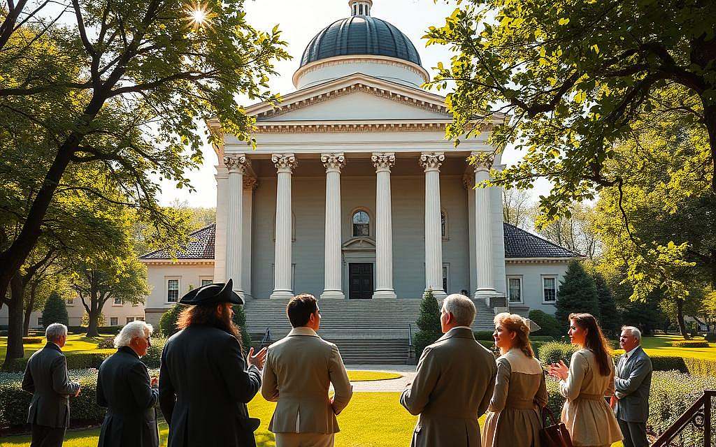 A grand, neoclassical structure with imposing columns and a majestic dome, set against a backdrop of lush, verdant gardens. Sunlight filters through the trees, casting warm, golden hues on the building's facade. In the foreground, a group of scholars in 18th-century attire engage in animated discussion, their gestures and expressions conveying the intellectual fervor of the Weimar Classical era. The scene exudes a sense of timeless elegance and the enduring relevance of the philosophical ideals championed by Herder, Wieland, Goethe, and Schiller.