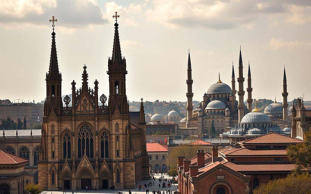 A grand, ornate cathedral with towering spires and intricate gothic architecture stands prominently in the foreground, its stained glass windows shimmering in warm sunlight. In the middle ground, a bustling university campus with scholarly students and professors strolling between classrooms and libraries. In the background, a mosque with its iconic minarets and domes rises amidst a cityscape of ancient buildings, reflecting the diverse religious institutions that have shaped educational traditions over the centuries. The scene radiates an atmosphere of intellectual contemplation, with a palpable sense of the interplay between faith and learning.