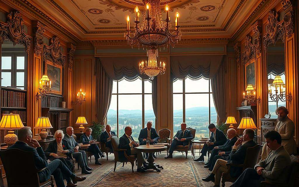 A grand, ornate interior scene of a European salon during the Weimar Classicism era. The room is illuminated by warm, soft lighting from ornate chandeliers, casting a golden glow over the elegant furnishings. In the foreground, a group of intellectuals and philosophers are engaged in lively discussion, their animated gestures and expressions conveying the depth of their discourse. The middle ground features bookshelves lining the walls, hinting at the wealth of knowledge contained within. In the background, tall windows overlook a picturesque landscape, connecting the scene to the broader European context. An atmosphere of refined sophistication and erudite contemplation pervades the space, reflecting the cultural significance of the Weimar Circle during the Age of Enlightenment.
