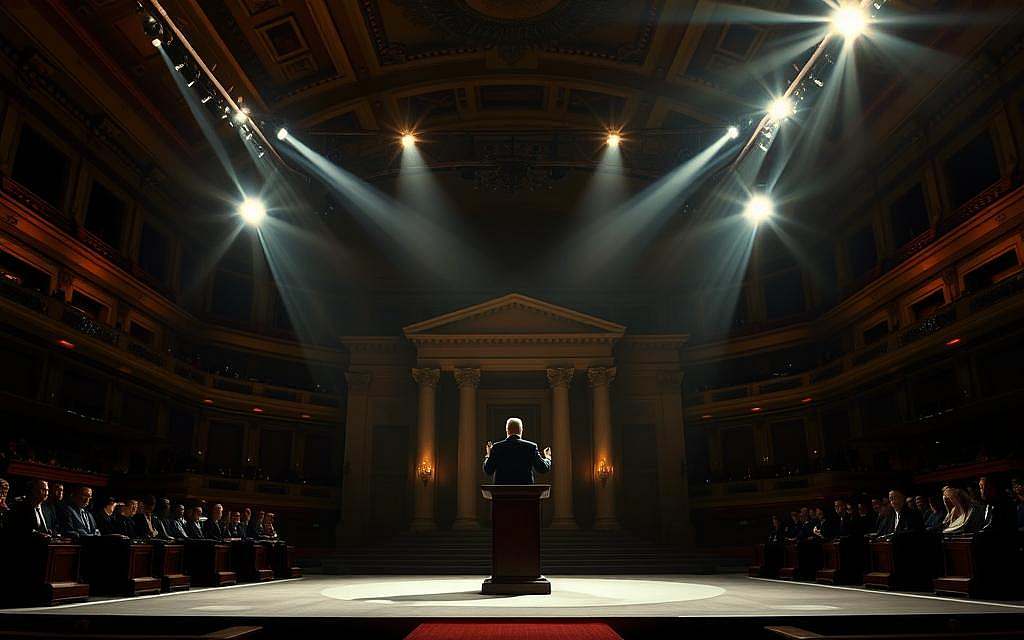 A grand stage, a podium illuminated by dramatic spotlights, casting long, sweeping shadows. In the foreground, a political figure stands tall, gesturing with conviction, their words amplified by the acoustics of the chamber. Behind them, a backdrop of imposing architecture, symbolic of the power and influence of the state. The scene exudes an air of authority, a masterful display of political rhetoric, where language becomes a weapon of persuasion, shaping the collective consciousness. The viewer is drawn into the spectacle, captivated by the sheer force of the oration, its impact reverberating through the halls of power.
