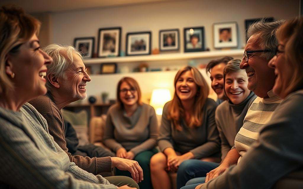 A group of people gathered in a cozy, well-lit living room, engaged in lively conversation and hearty laughter. The foreground features a close-knit circle of friends, their faces alight with genuine amusement, mouths open in joyful, "soziales Lachen." The middle ground shows a warm, inviting atmosphere, with comfortable furniture and subtle, flattering lighting that casts a soft glow. In the background, glimpses of family photos and personal mementos suggest a sense of intimacy and belonging. The overall scene conveys the healing power of shared laughter, the way it can foster deep connections and a profound sense of community.