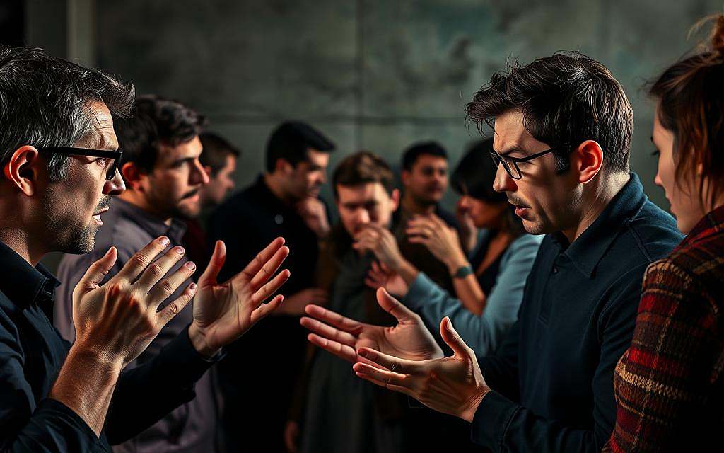 A group of people in a heated discussion, their faces twisted with confusion and frustration. In the foreground, two individuals gesticulate emphatically, their expressions revealing the cognitive dissonance they experience as their beliefs clash with the reality before them. The middle ground is a blur of clashing viewpoints, with bodies leaning in and hands gesturing in a tense exchange. The background is a dimly lit, abstract space, hinting at the complex psychological and social dynamics at play. Dramatic lighting casts sharp shadows, heightening the intensity of the scene. The overall atmosphere is one of unresolved tension, a visual representation of the discord that arises when firmly held convictions confront challenging circumstances.