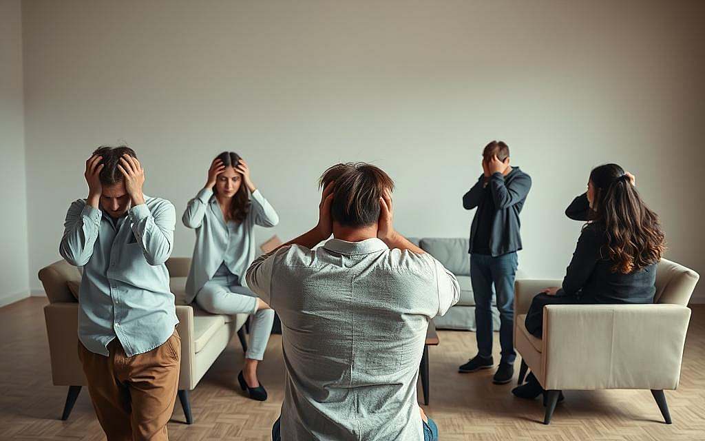 A group of people in a minimalist indoor setting, experiencing cognitive dissonance. The foreground features individuals with conflicted facial expressions, hands on their heads, bodies leaning away from each other. The middle ground shows furniture in clean lines and muted colors, creating a sense of tension. The background is a simple, yet impactful gradient, conveying the complex psychological state. Soft, directional lighting emphasizes the emotional turmoil, while a cinematic lens captures the scene with a slightly wide angle to heighten the sense of unease. The overall mood is one of unresolved internal conflict, as the subjects grapple with the clash between their beliefs and the reality they face.