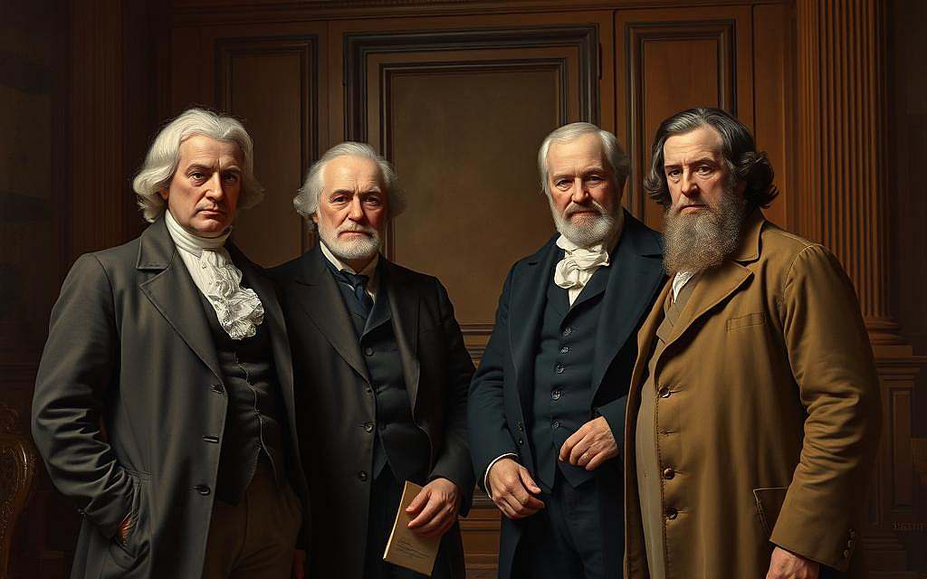 A harmonious gathering of four luminaries of the Weimar Classicism, captured in a grand, oil-painted portrait. Goethe, Schiller, Herder, and Wieland, the "Viergestirn," stand together in a stately, wood-paneled interior, their faces aglow with the wisdom and creativity that defined the intellectual movement. Soft, warm lighting casts a contemplative mood, while the composition is balanced and symmetrical, emphasizing the synergy and camaraderie between these towering figures of the Enlightenment. The scene exudes an aura of erudition, artistic brilliance, and philosophical profundity, befitting the legacy of the Weimar Classicists.