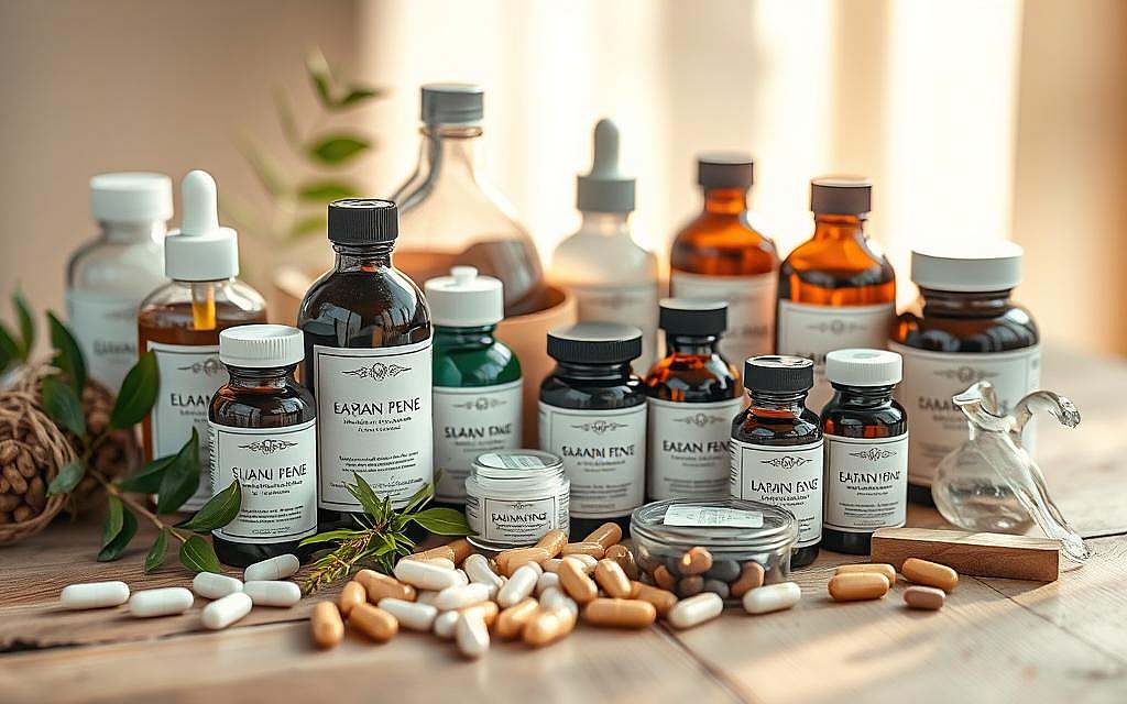 A high-quality close-up image of various natural remedies and supplements, including bottles, jars, and capsules, artfully arranged on a wooden surface. The products have clean, minimalist packaging with simple labels. Soft, warm lighting from the side illuminates the scene, creating a serene, natural atmosphere. The image has a sharp focus, bringing out the details and textures of the items. The composition is balanced, with the products arranged in an aesthetically pleasing manner, suggesting how to prepare and use them for maximum effectiveness. A high-quality close-up image of various natural remedies and supplements, including bottles, jars, and capsules, artfully arranged on a wooden surface. The products have clean, minimalist packaging with simple labels. Soft, warm lighting from the side illuminates the scene, creating a serene, natural atmosphere. The image has a sharp focus, bringing out the details and textures of the items. The composition is balanced, with the products arranged in an aesthetically pleasing manner, suggesting how to prepare and use them for maximum effectiveness.