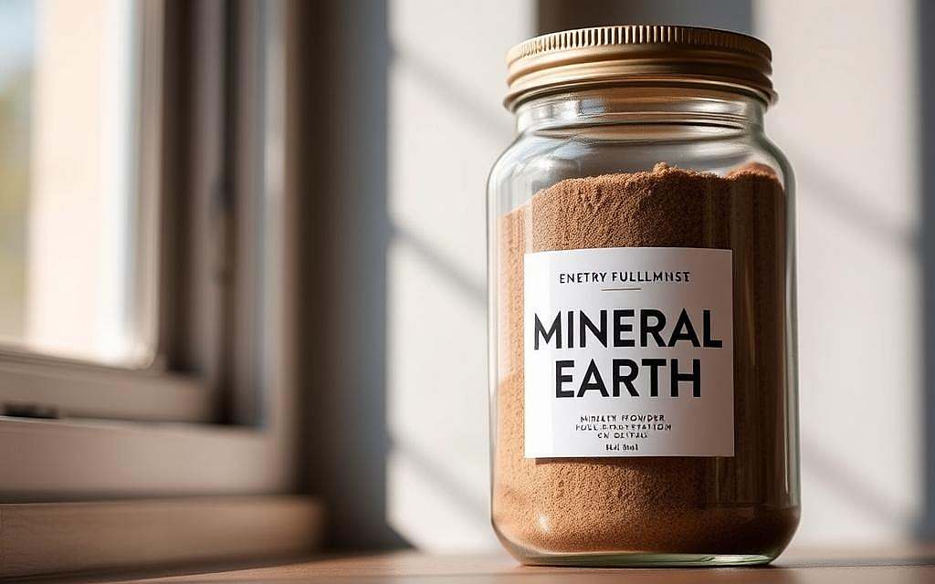 A high-quality mineral earth product in a glass jar, illuminated by natural daylight filtering through a window. The jar's contents are clearly visible, showcasing the rich, earthy tones and fine-grained texture of the mineral powder. The packaging features a simple, minimalist label design that highlights the product's purity and quality. The overall scene exudes a sense of natural wellness and authenticity, inviting the viewer to explore the benefits of this natural health supplement.