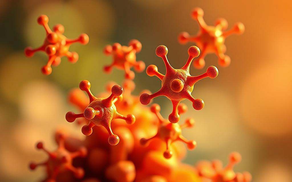 a highly detailed, photorealistic digital illustration of terpenes, the aromatic organic compounds found in essential oils and responsible for the distinctive scents of many plants. the image depicts a close-up view of several terpene molecules in a vibrant, warm color palette, showcasing their complex molecular structures and intricate patterns. the terpenes are rendered with a high level of scientific accuracy and clarity, against a softly blurred, subtly textured background that suggests a natural, botanical setting. the lighting is directional and dramatic, creating depth, dimension, and a sense of depth. the overall composition is balanced and visually striking, highlighting the beauty and importance of these essential plant compounds.